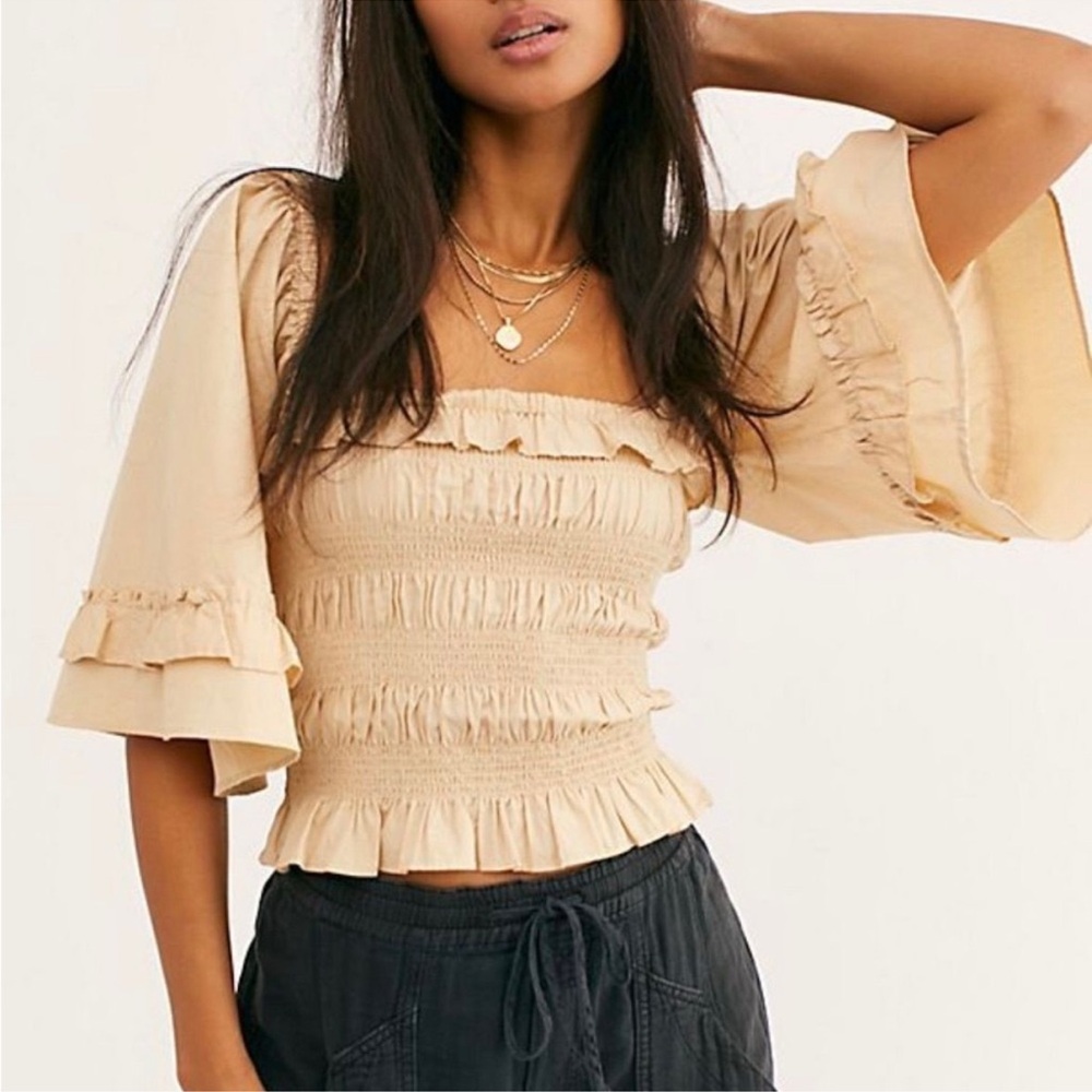 Free People Beige Ruffled Blouse. Size L, Like New.